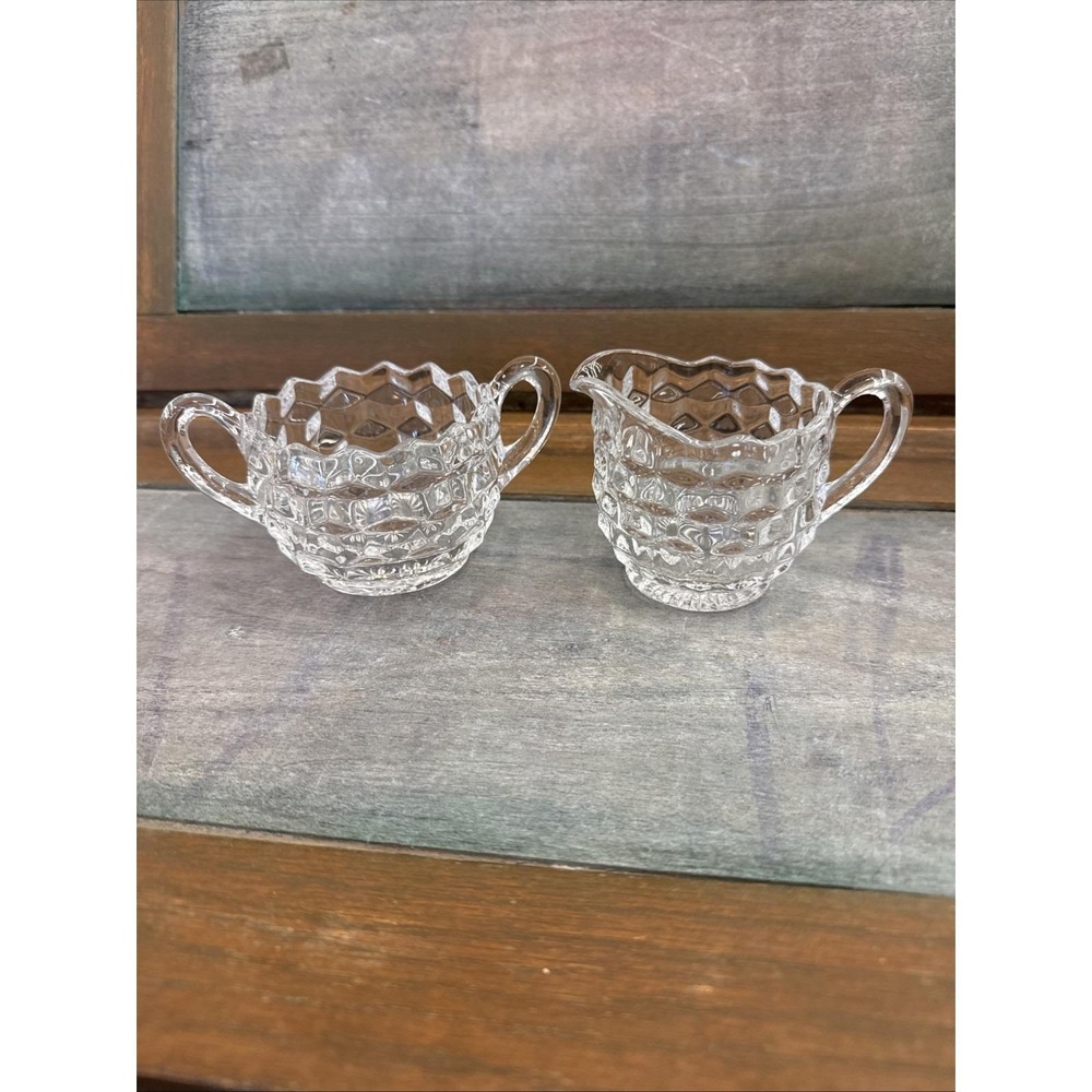 Vintage Fostoria American Cubist Clear Glass Open Sugar and Creamer Set